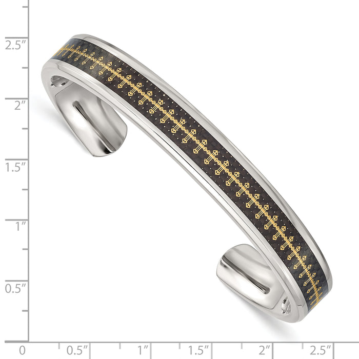 Chisel Brand Jewelry, Stainless Steel Polished Carbon Fiber Inlay/Yellow IP-plated Cross Bangle
