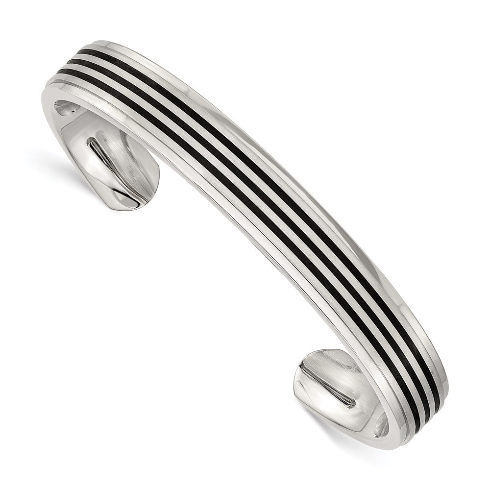 Chisel Brand Jewelry, Stainless Steel Polished/Brushed Black Rubber Inlay Cuff Bangle