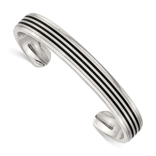 Chisel Brand Jewelry, Stainless Steel Polished/Brushed Black Rubber Inlay Cuff Bangle