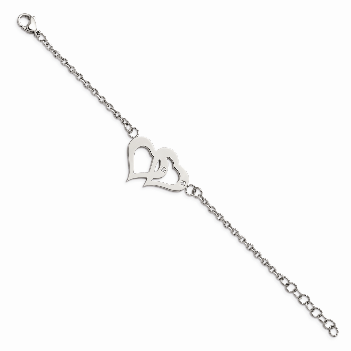 Chisel Brand Jewelry, Stainless Steel Polished Hearts with CZs 6.5in with 1.25in. ext. Bracelet