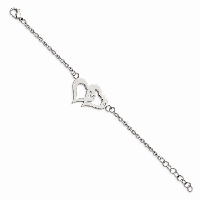 Chisel Brand Jewelry, Stainless Steel Polished Hearts with CZs 6.5in with 1.25in. ext. Bracelet