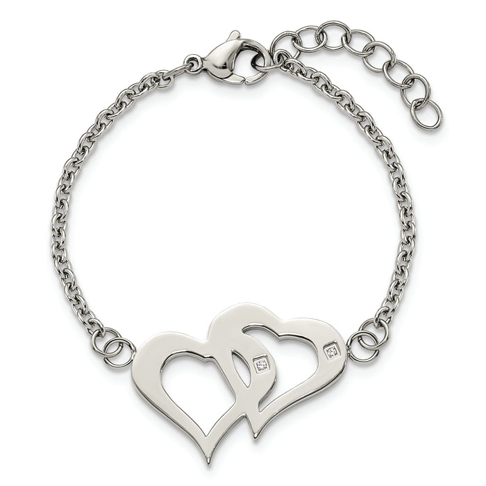 Chisel Brand Jewelry, Stainless Steel Polished Hearts with CZs 6.5in with 1.25in. ext. Bracelet