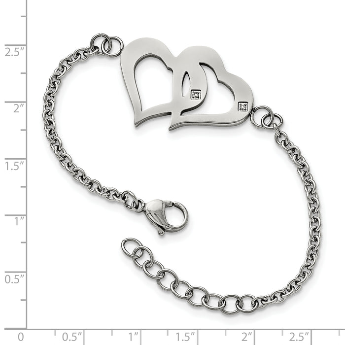 Chisel Brand Jewelry, Stainless Steel Polished Hearts with CZs 6.5in with 1.25in. ext. Bracelet