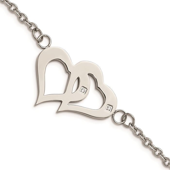 Chisel Brand Jewelry, Stainless Steel Polished Hearts with CZs 6.5in with 1.25in. ext. Bracelet