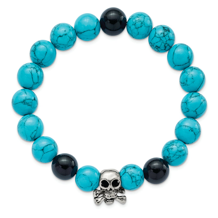 Chisel Brand Jewelry, Stainless Steel Antiqued Skull with Turquoise and Black Onyx Bracelet