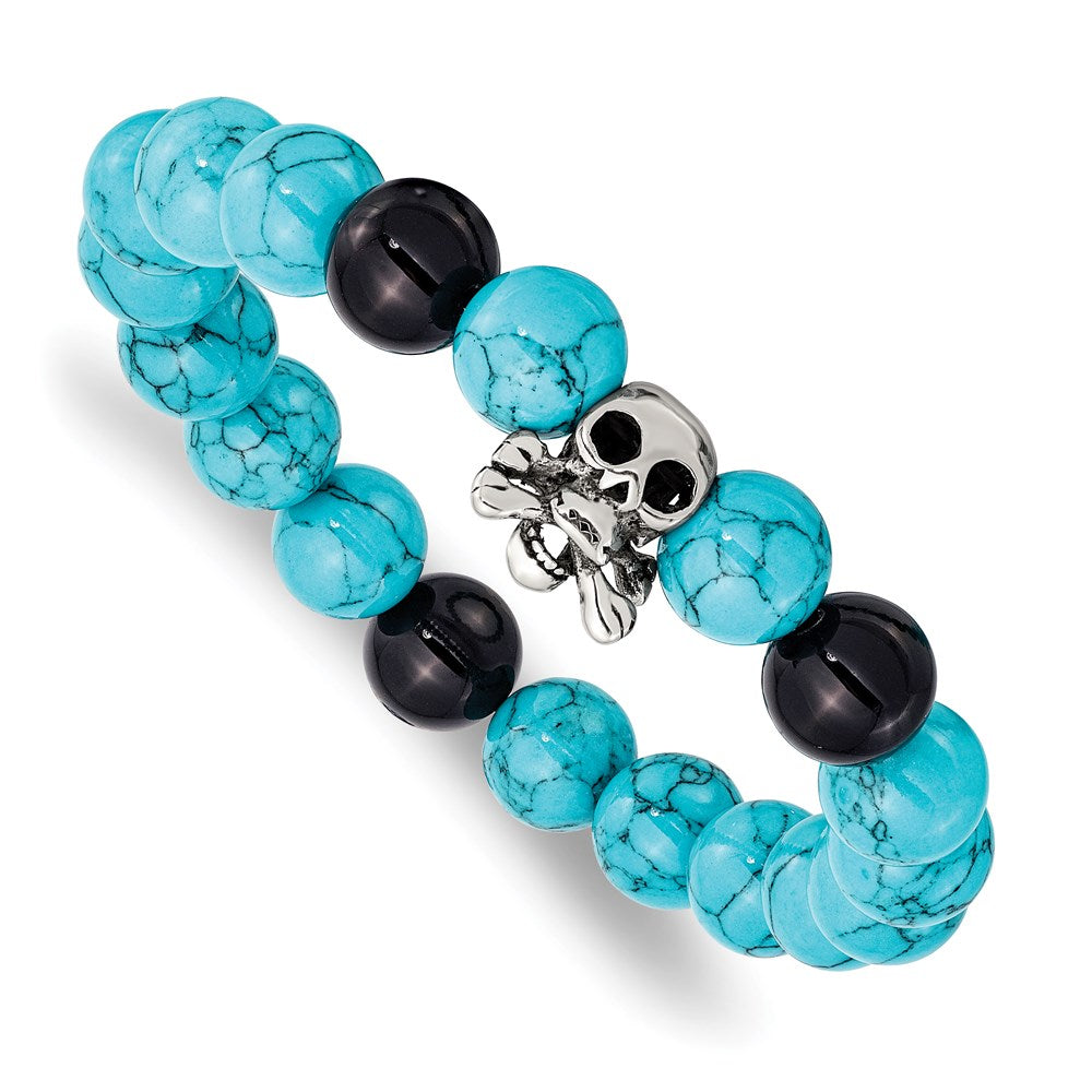Chisel Brand Jewelry, Stainless Steel Antiqued Skull with Turquoise and Black Onyx Bracelet
