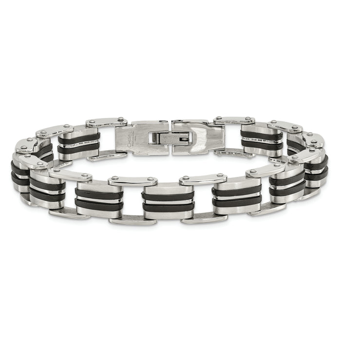 Chisel Brand Jewelry, Stainless Steel Polished and Brushed Black Rubber Men's Bracelet