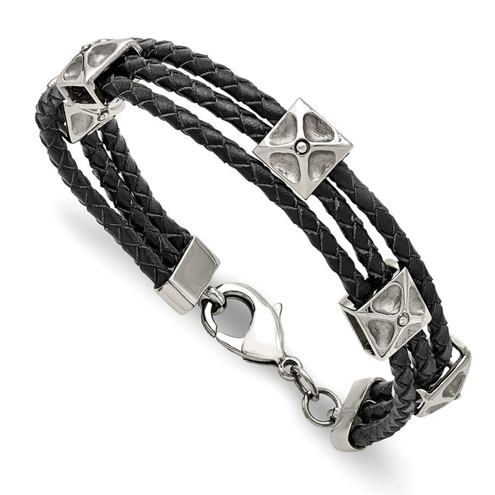 Chisel Brand Jewelry, Stainless Steel Polished Leather Men's Bracelet