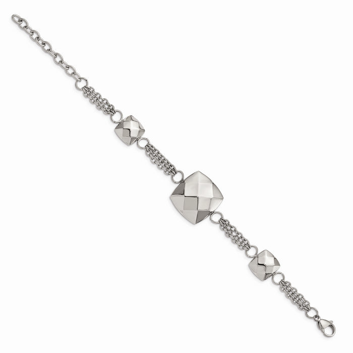 Chisel Brand Jewelry, Stainless Steel Polished Hollow Squares 7.25in with 2in. Ext. Bracelet