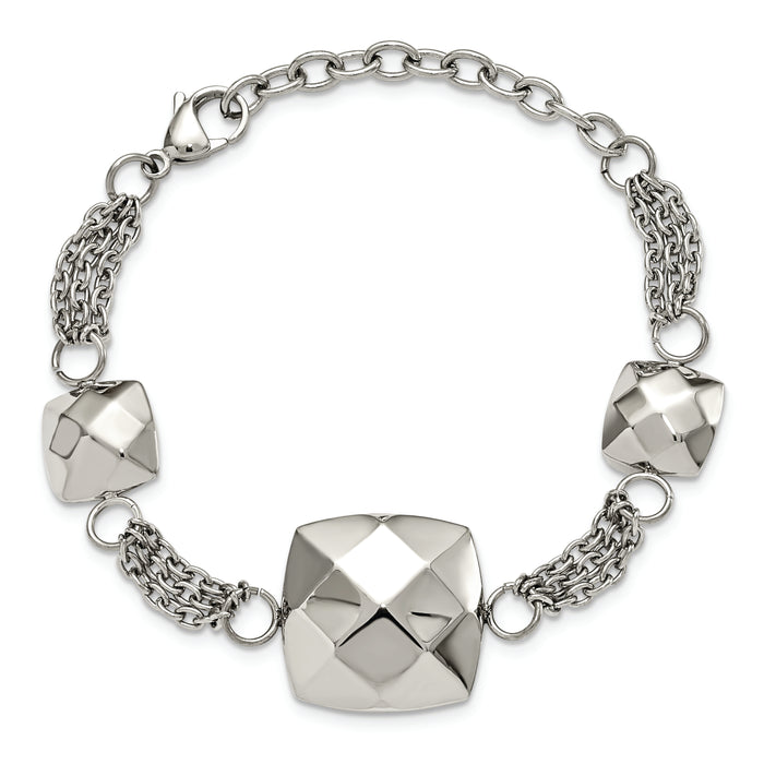 Chisel Brand Jewelry, Stainless Steel Polished Hollow Squares 7.25in with 2in. Ext. Bracelet