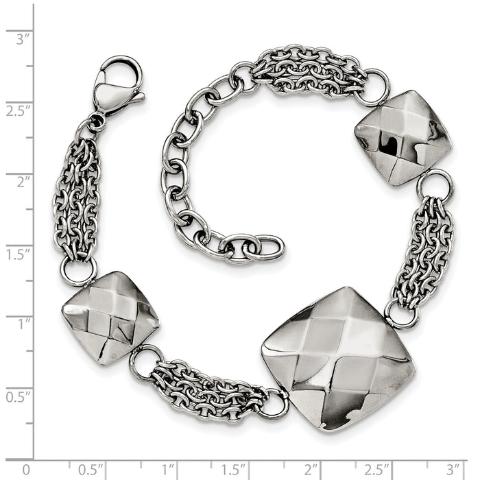 Chisel Brand Jewelry, Stainless Steel Polished Hollow Squares 7.25in with 2in. Ext. Bracelet