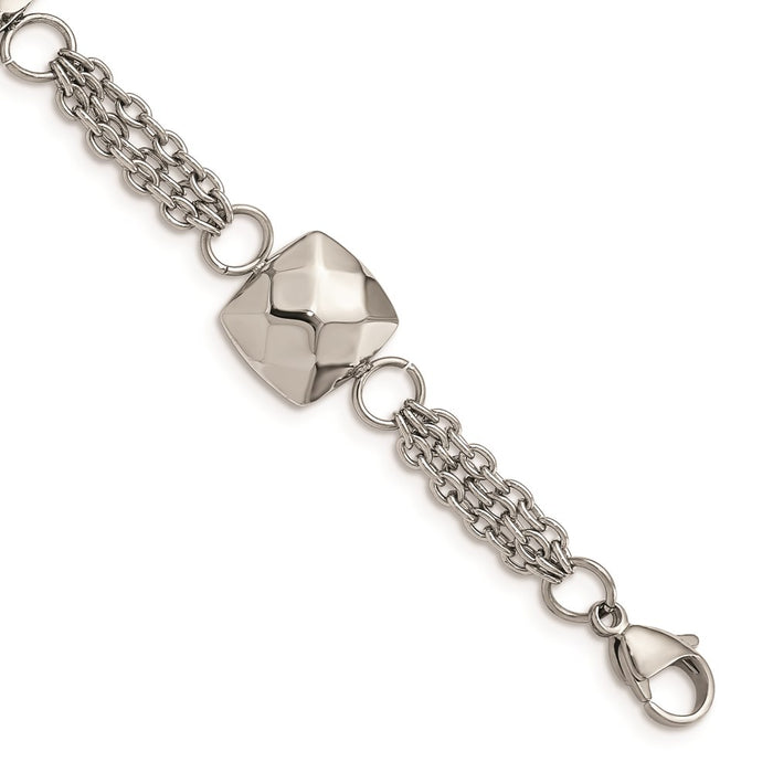 Chisel Brand Jewelry, Stainless Steel Polished Hollow Squares 7.25in with 2in. Ext. Bracelet