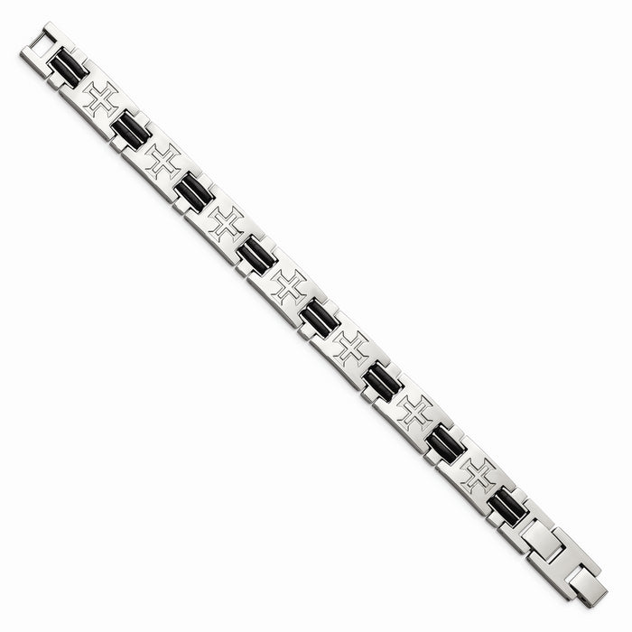 Chisel Brand Jewelry, Stainless Steel Polished Black Rubber Cross Adjustable Men's Bracelet