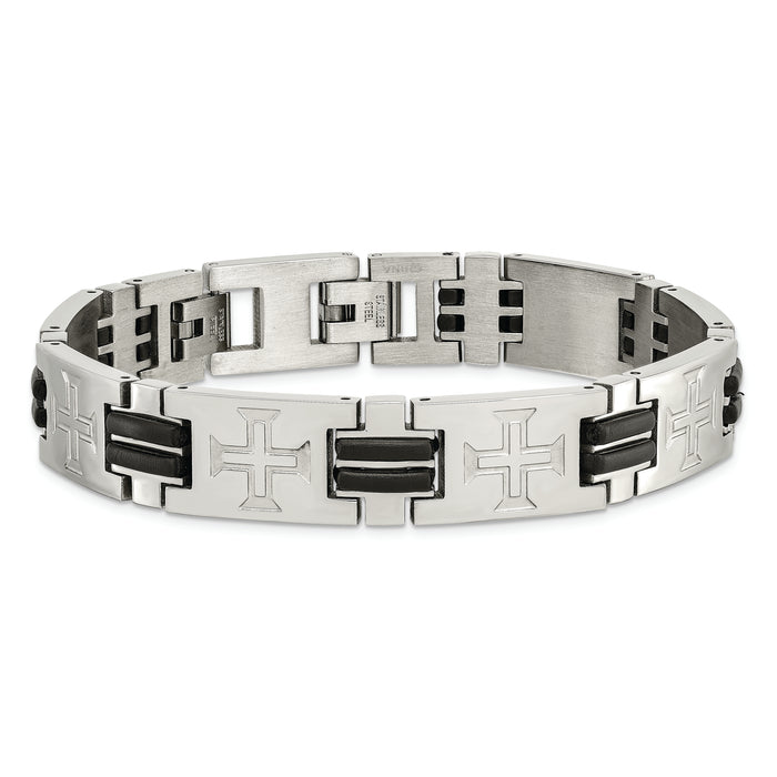 Chisel Brand Jewelry, Stainless Steel Polished Black Rubber Cross Adjustable Men's Bracelet