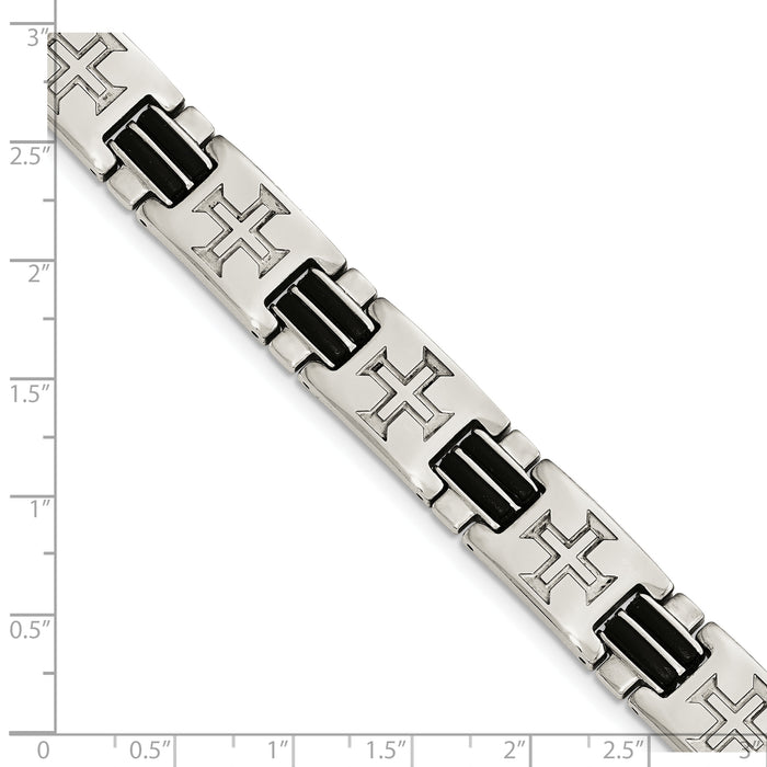 Chisel Brand Jewelry, Stainless Steel Polished Black Rubber Cross Adjustable Men's Bracelet