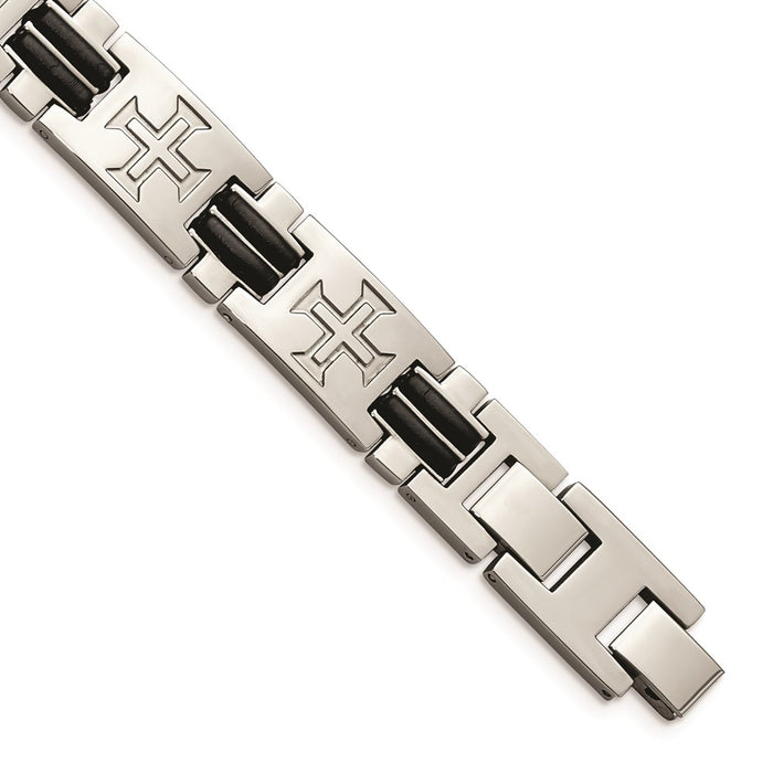 Chisel Brand Jewelry, Stainless Steel Polished Black Rubber Cross Adjustable Men's Bracelet