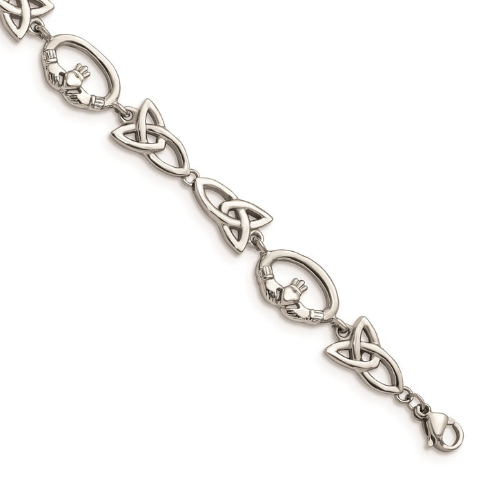 Chisel Brand Jewelry, Stainless Steel Polished Claddagh and Trinity Knot Bracelet