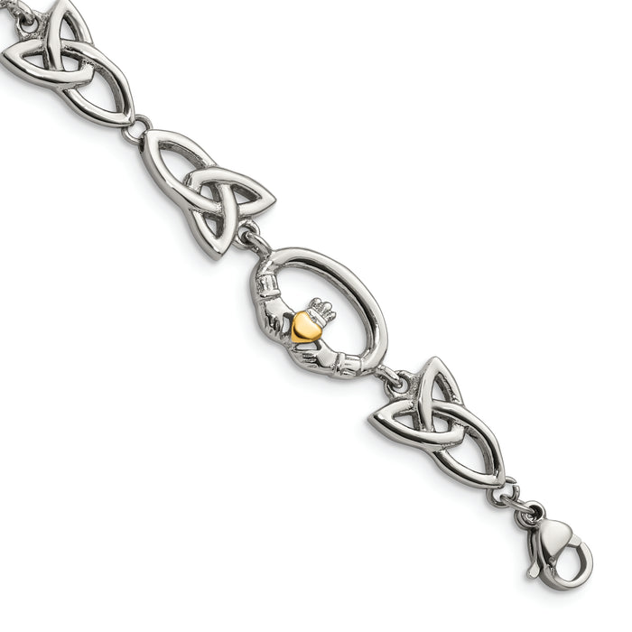 Chisel Brand Jewelry, Stainless Steel Polished Yellow IP-plated Claddagh Bracelet