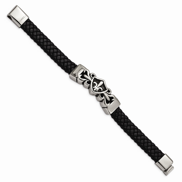 Chisel Brand Jewelry, Stainless Steel Antiqued & Polished Fleur de Lis Black Leather Men's Bracelet