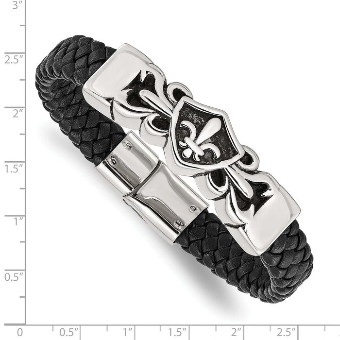 Chisel Brand Jewelry, Stainless Steel Antiqued & Polished Fleur de Lis Black Leather Men's Bracelet