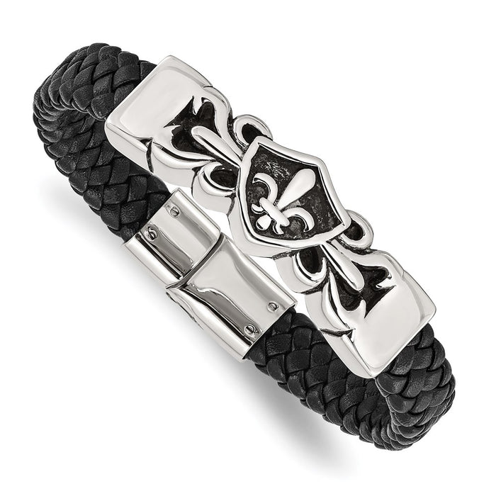 Chisel Brand Jewelry, Stainless Steel Antiqued & Polished Fleur de Lis Black Leather Men's Bracelet