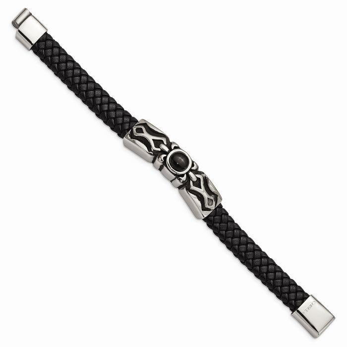 Chisel Brand Jewelry, Stainless Steel Antiqued & Polished with Black Onyx Leather Bracelet