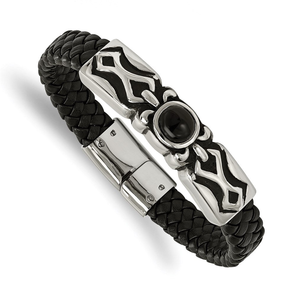 Chisel Brand Jewelry, Stainless Steel Antiqued & Polished with Black Onyx Leather Bracelet
