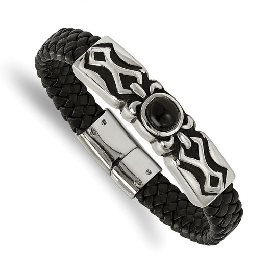 Chisel Brand Jewelry, Stainless Steel Antiqued & Polished with Black Onyx Leather Bracelet