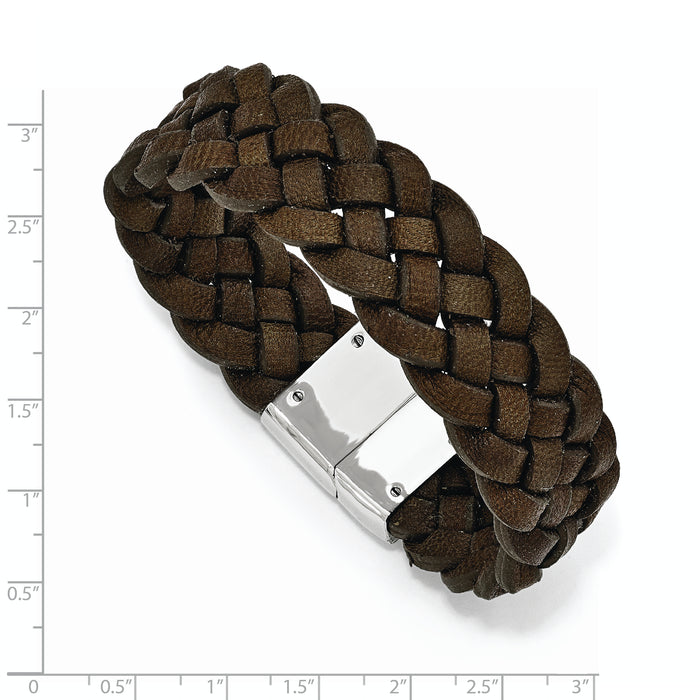 Chisel Brand Jewelry, Stainless Steel Polished Woven Brown Leather Men's Bracelet