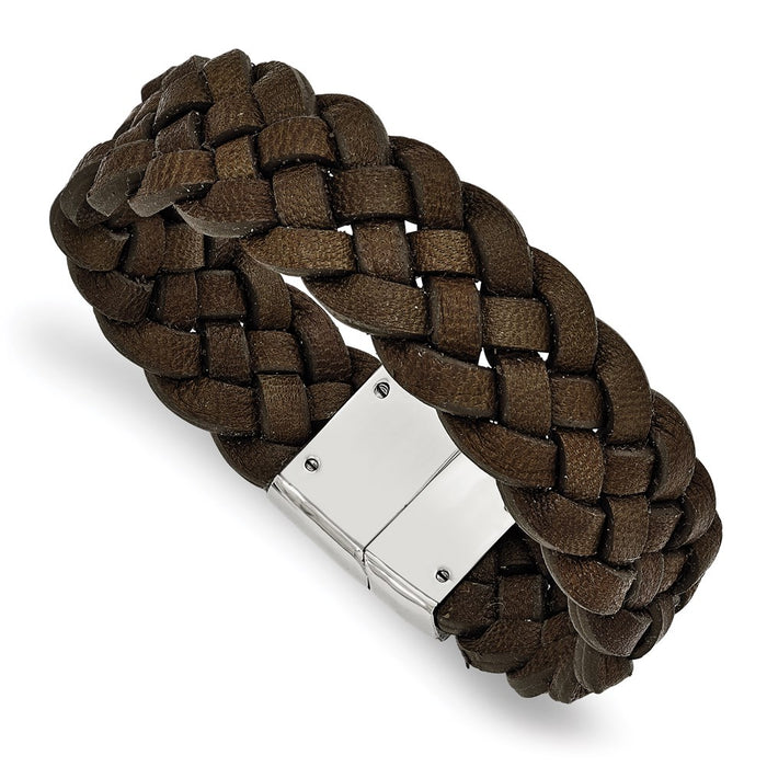 Chisel Brand Jewelry, Stainless Steel Polished Woven Brown Leather Men's Bracelet