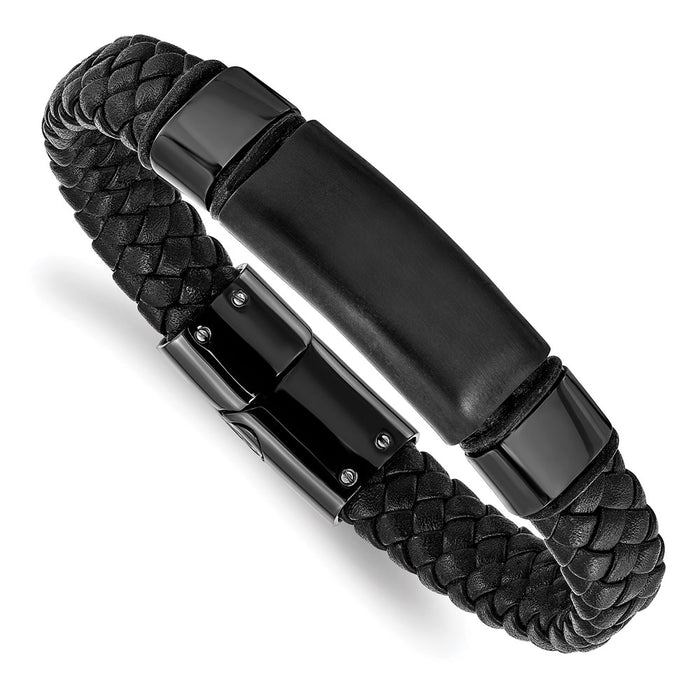 Chisel Brand Jewelry, Stainless Steel Brushed & Polished Black IP-plated Braided Leather Men's Bracelet