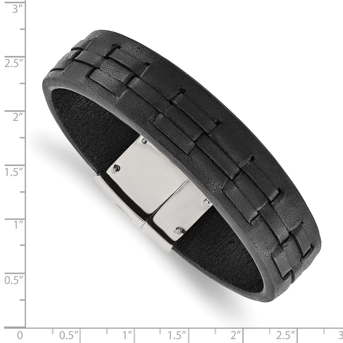 Chisel Brand Jewelry, Stainless Steel Polished Black Leather Men's Bracelet