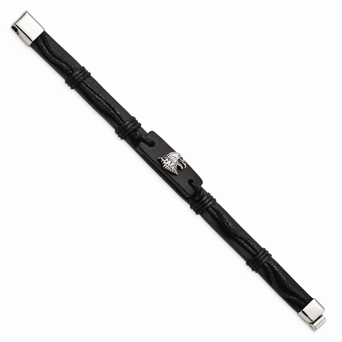 Chisel Brand Jewelry, Stainless Steel Polished Antiqued Eagle Head Black Leather Men's Bracelet