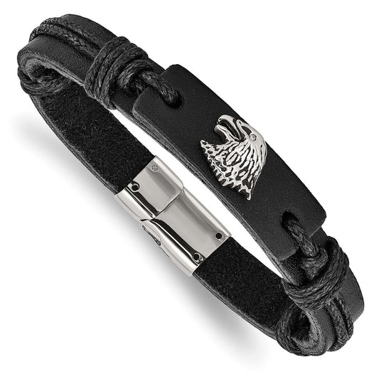 Chisel Brand Jewelry, Stainless Steel Polished Antiqued Eagle Head Black Leather Men's Bracelet
