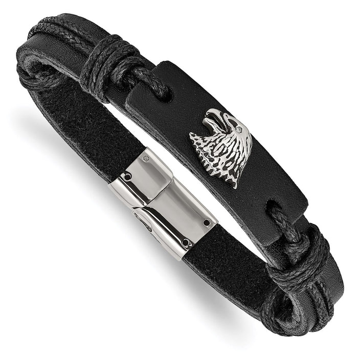 Chisel Brand Jewelry, Stainless Steel Polished Antiqued Eagle Head Black Leather Men's Bracelet