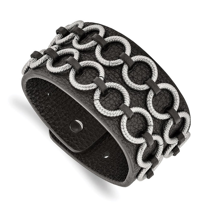 Chisel Brand Jewelry, Stainless Steel Polished Textured Black Leather Bracelet