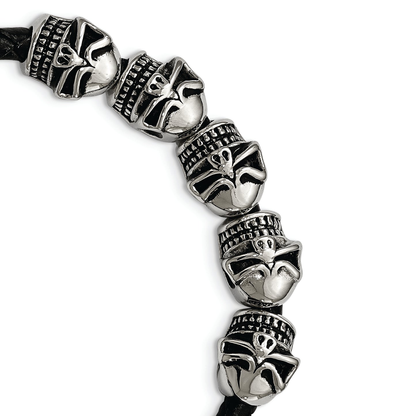 Chisel Brand Jewelry, Stainless Steel Polished Antiqued Leather Skull Men's Bracelet