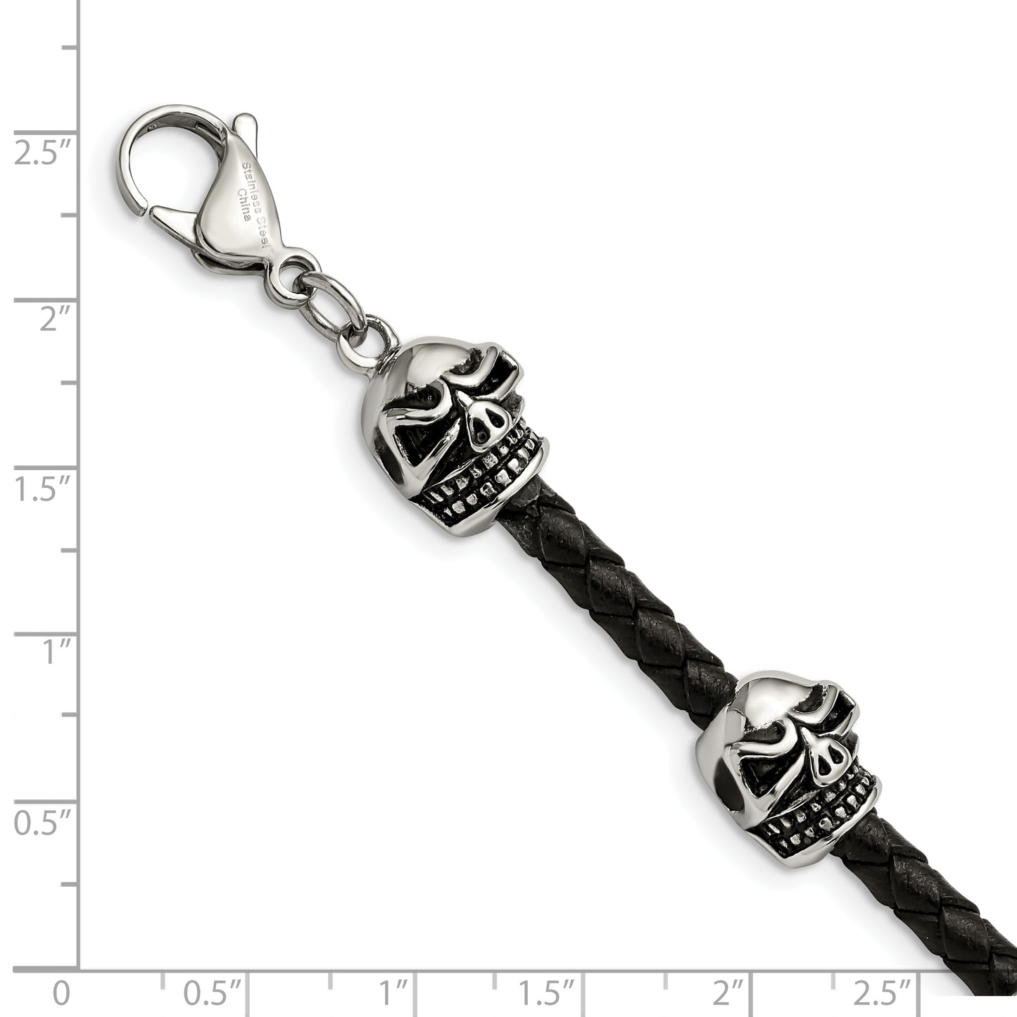 Chisel Brand Jewelry, Stainless Steel Polished Antiqued Leather Skull Men's Bracelet
