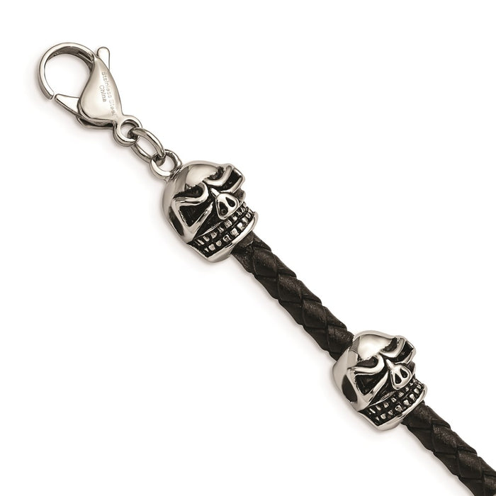 Chisel Brand Jewelry, Stainless Steel Polished Antiqued Leather Skull Men's Bracelet