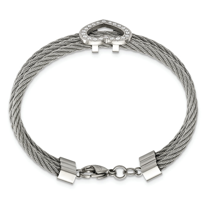 Chisel Brand Jewelry, Stainless Steel Polished Heart with CZ Bracelet