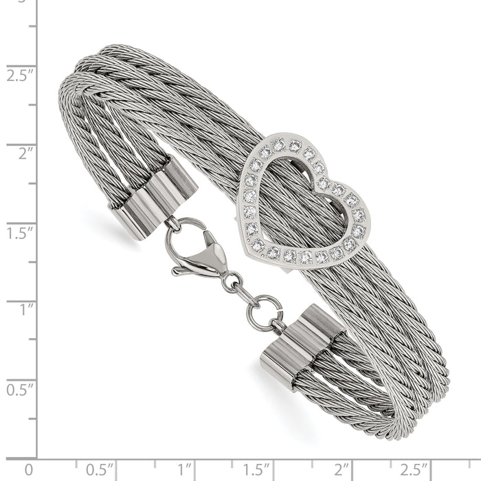 Chisel Brand Jewelry, Stainless Steel Polished Heart with CZ Bracelet