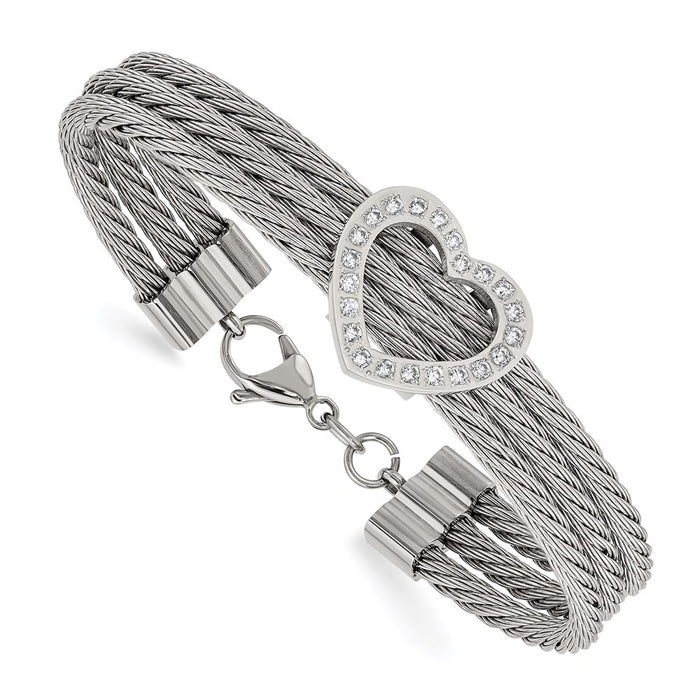 Chisel Brand Jewelry, Stainless Steel Polished Heart with CZ Bracelet