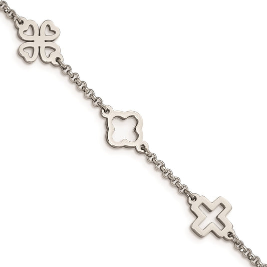 Chisel Brand Jewelry, Stainless Steel Cross & Clovers Bracelet