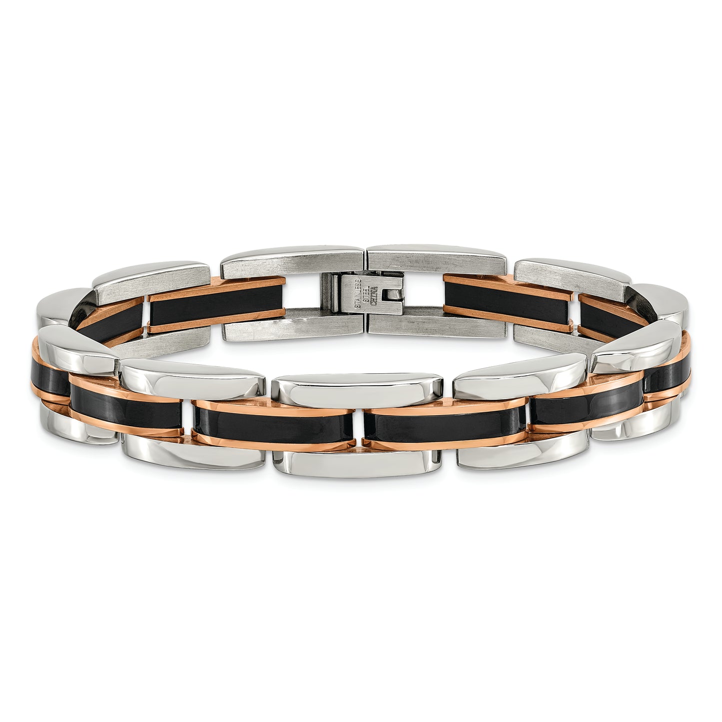 Chisel Brand Jewelry, Stainless Steel Polished with Black & Rose IP-plated 8.5in Link Men's Bracelet
