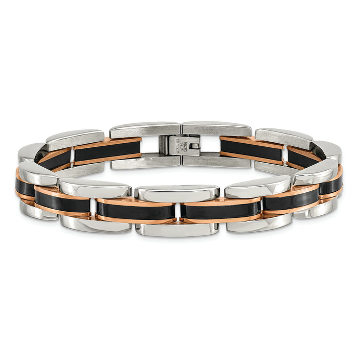 Chisel Brand Jewelry, Stainless Steel Polished with Black & Rose IP-plated 8.5in Link Men's Bracelet