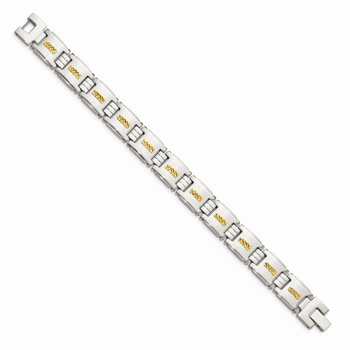 Chisel Brand Jewelry, Stainless Steel Polished with 14k Gold D/C Link Men's Bracelet