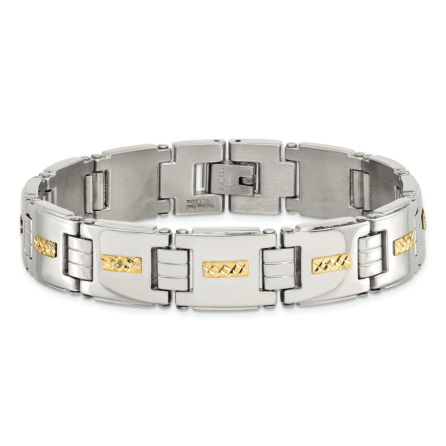 Chisel Brand Jewelry, Stainless Steel Polished with 14k Gold D/C Link Men's Bracelet