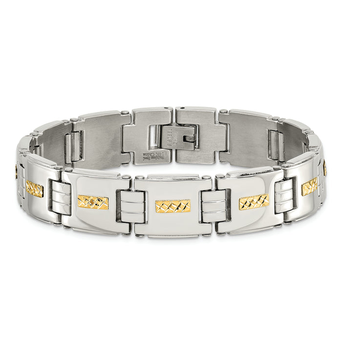 Chisel Brand Jewelry, Stainless Steel Polished with 14k Gold D/C Link Men's Bracelet