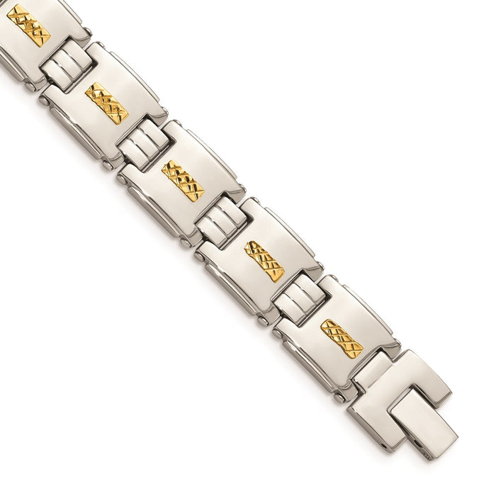 Chisel Brand Jewelry, Stainless Steel Polished with 14k Gold D/C Link Men's Bracelet