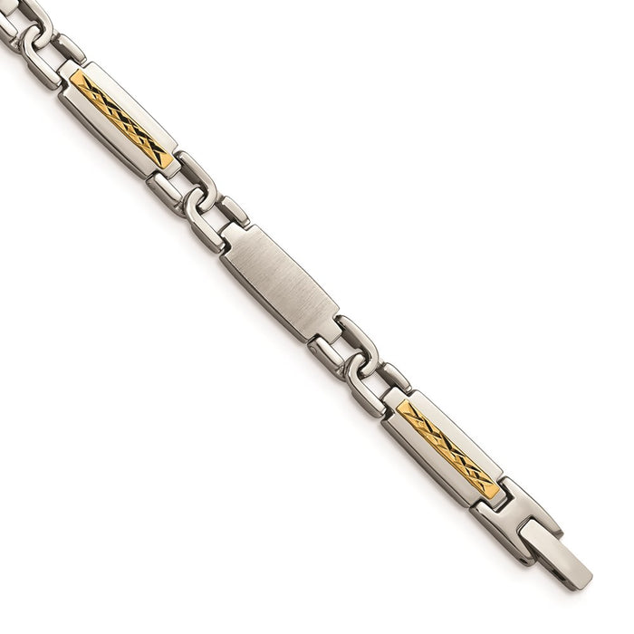 Chisel Brand Jewelry, Stainless Steel Polished & Brushed with 14k Fancy Link 8.75in Men's Bracelet